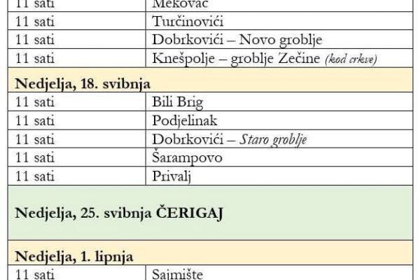 900
					
Župa Široki Brijeg najavila raspored misa za blagoslov polja na grobljima širom župe. Prva Sveta misa je tradicionalno na groblju Mekovac i biti će slavljena u nedjelju 11. svibnja s početkom u 11 sati








www.abcportal.info


					
                    
                


  Izvor:
  abcportal.info
  –
  pročitaj izvorni članak