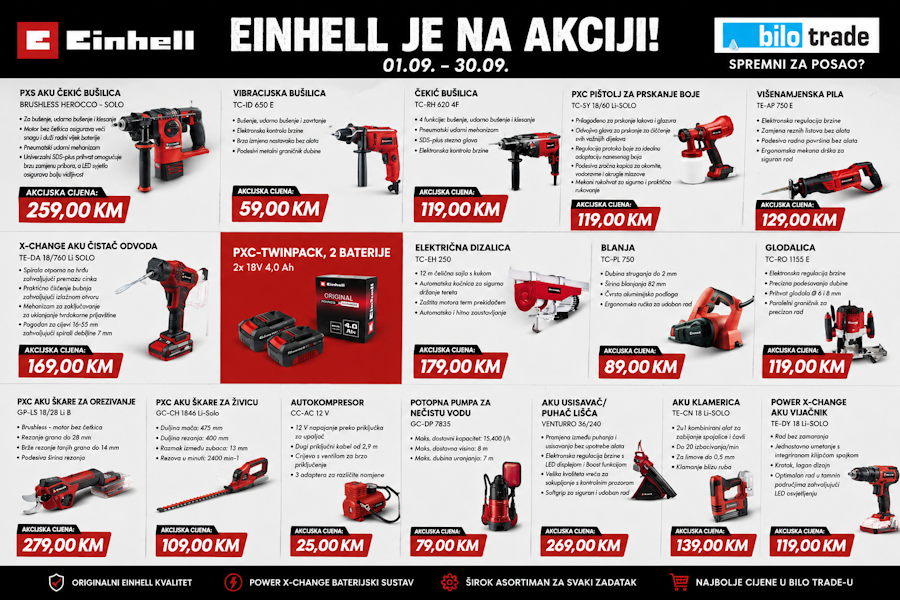 Spremni za posao? Einhell je na akciji: Bilo Trade donosi veliki izbor alata po sniženim cijenama Spremni za posao? Einhell je na akciji: Bilo Trade donosi veliki izbor alata po sniženim cijenama